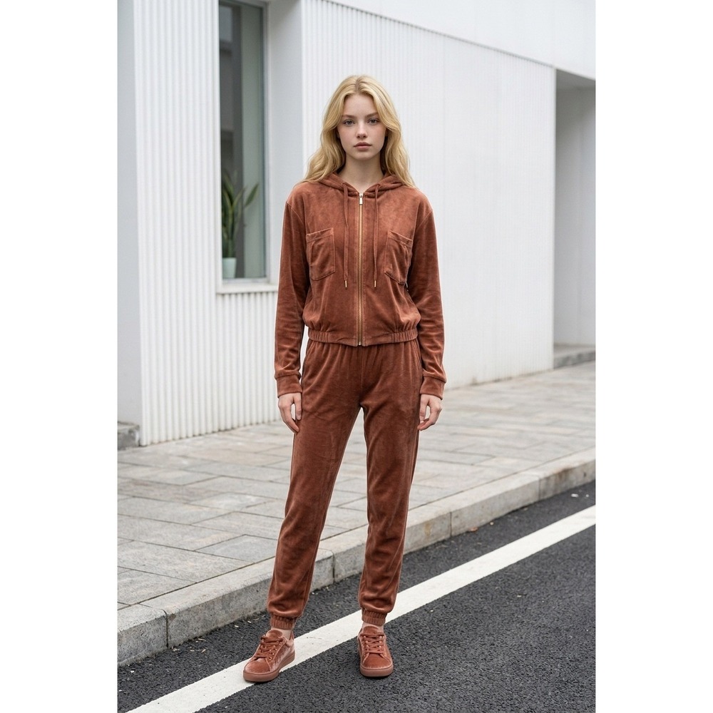 Young Fabulous & Broke Velour Tracksuit Set Brown Hoodie & Joggers S/M RN106691